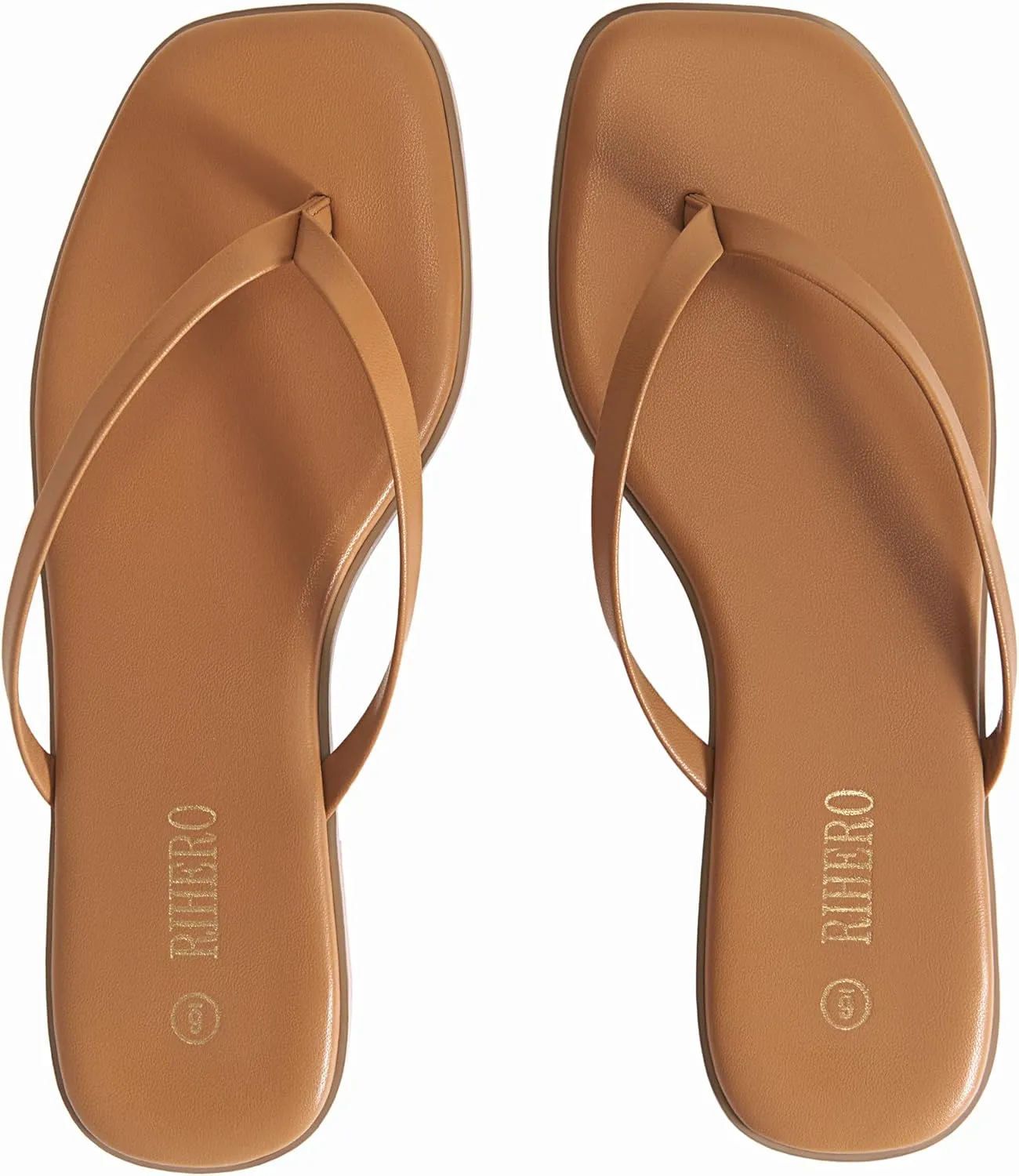 Rihero Flip Flops for Women Comfortable Square Toe Beach Sandals Slip On Leather Thong Flat Sandals Dressy