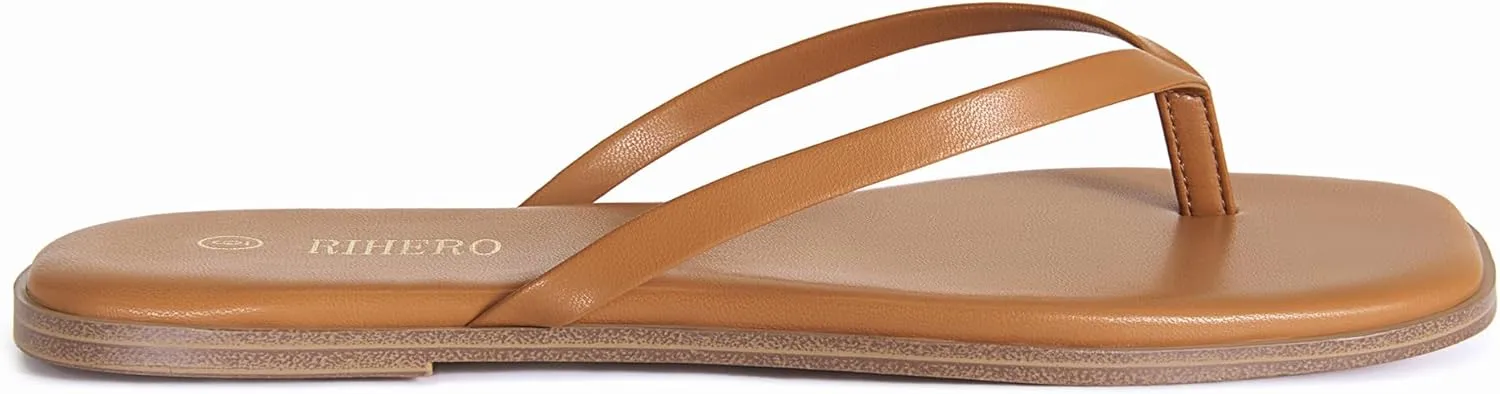 Rihero Flip Flops for Women Comfortable Square Toe Beach Sandals Slip On Leather Thong Flat Sandals Dressy