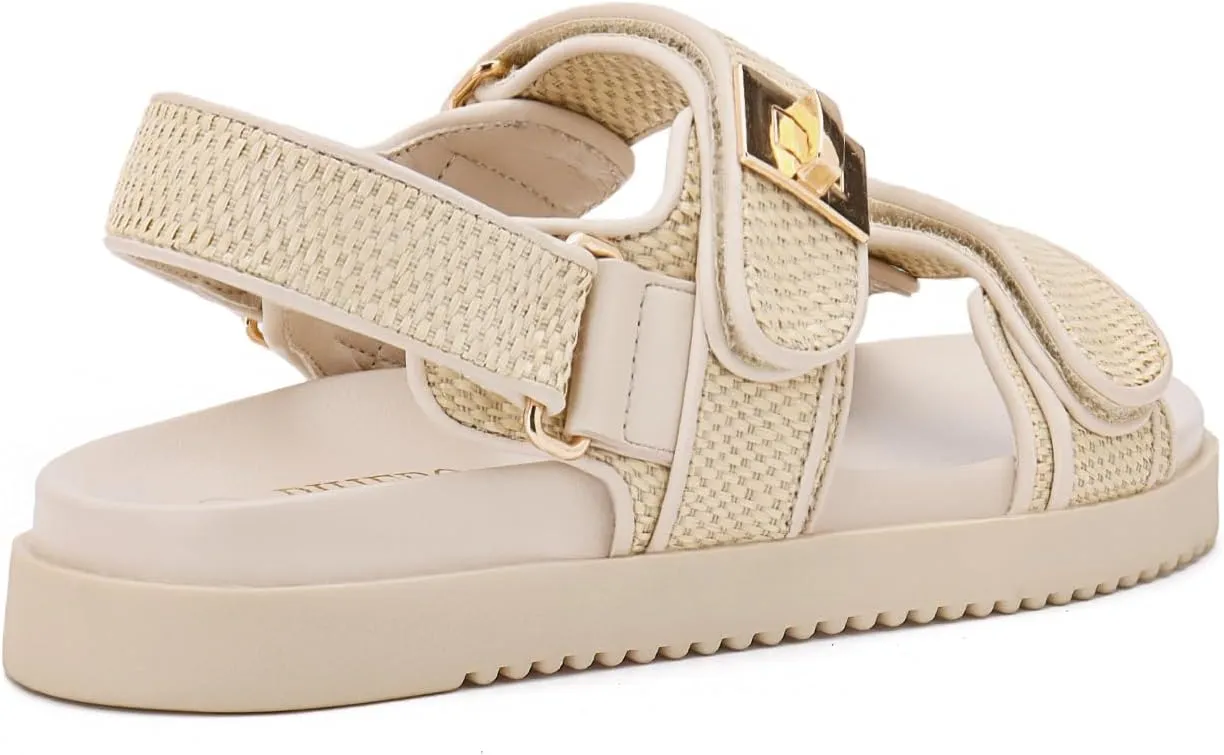 Rihero Women's Flat Sandals Comfort Adjustable Double Strap Slip on Leather Footbed Sandals