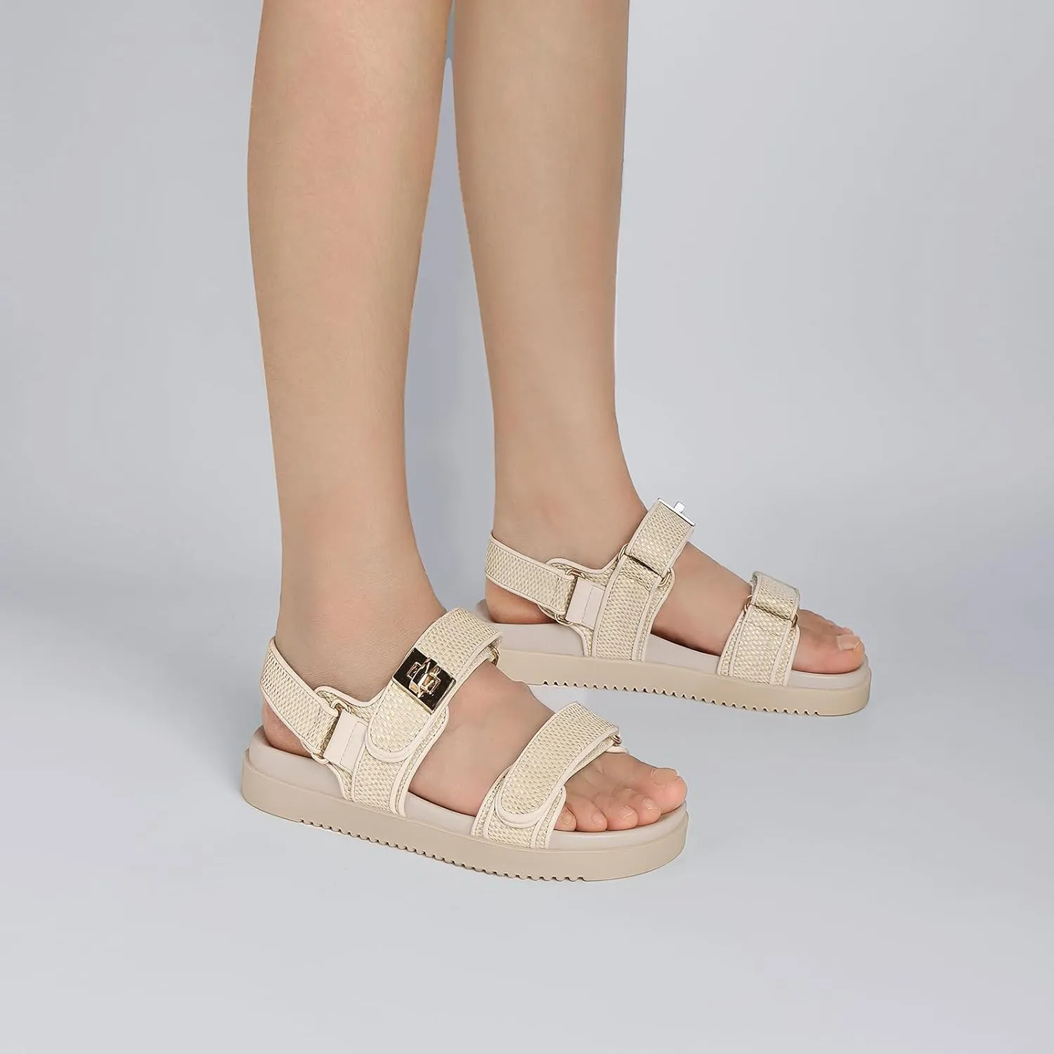 Rihero Women's Flat Sandals Comfort Adjustable Double Strap Slip on Leather Footbed Sandals