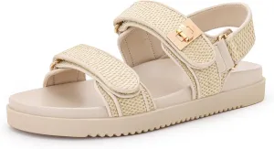 Rihero Women's Flat Sandals Comfort Adjustable Double Strap Slip on Leather Footbed Sandals