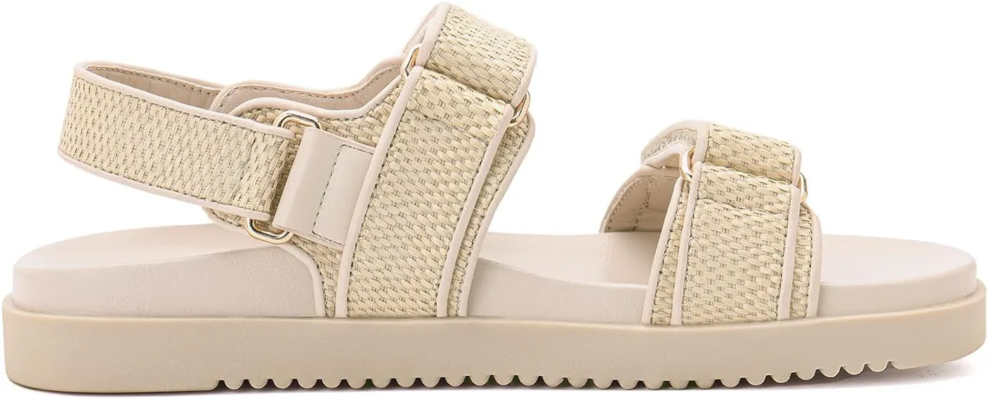 Rihero Women's Flat Sandals Comfort Adjustable Double Strap Slip on Leather Footbed Sandals
