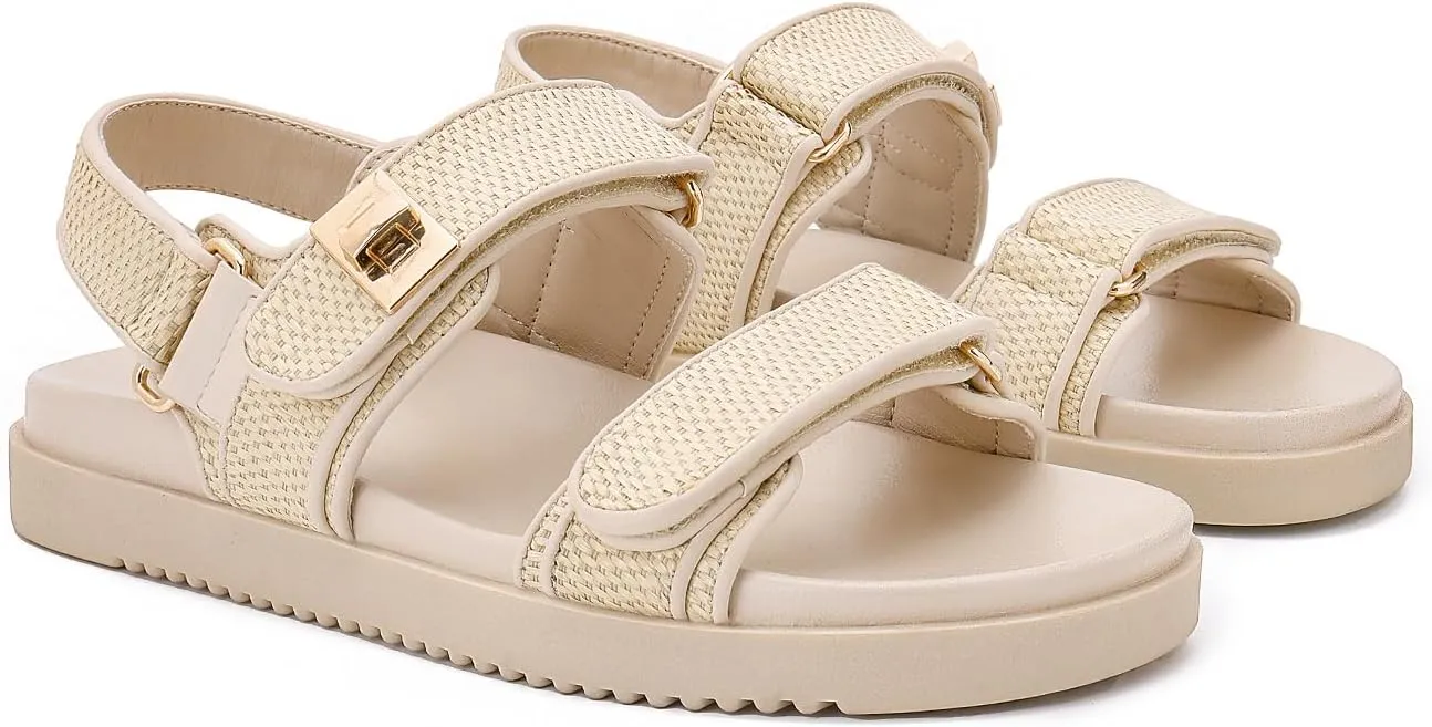 Rihero Women's Flat Sandals Comfort Adjustable Double Strap Slip on Leather Footbed Sandals