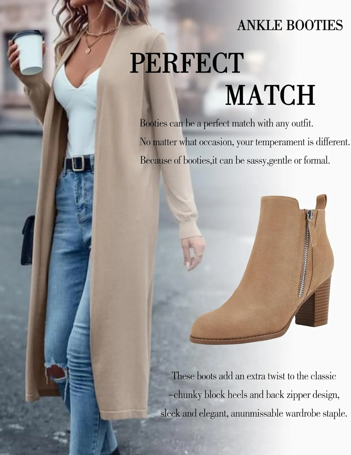 Rilista Ankle Boots for Women Chunky Block Heel Side Zipper Pointd Toe Suede Fall Winter Bootie Shoes
