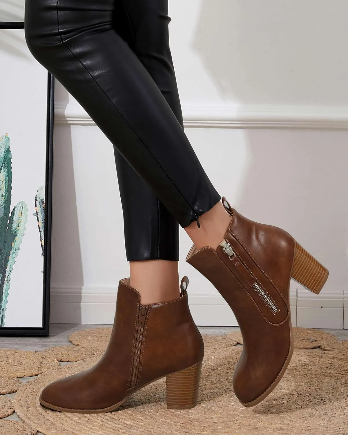 Rilista Ankle Boots for Women Chunky Block Heel Side Zipper Pointd Toe Suede Fall Winter Bootie Shoes