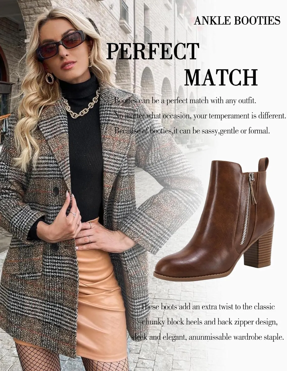 Rilista Ankle Boots for Women Chunky Block Heel Side Zipper Pointd Toe Suede Fall Winter Bootie Shoes