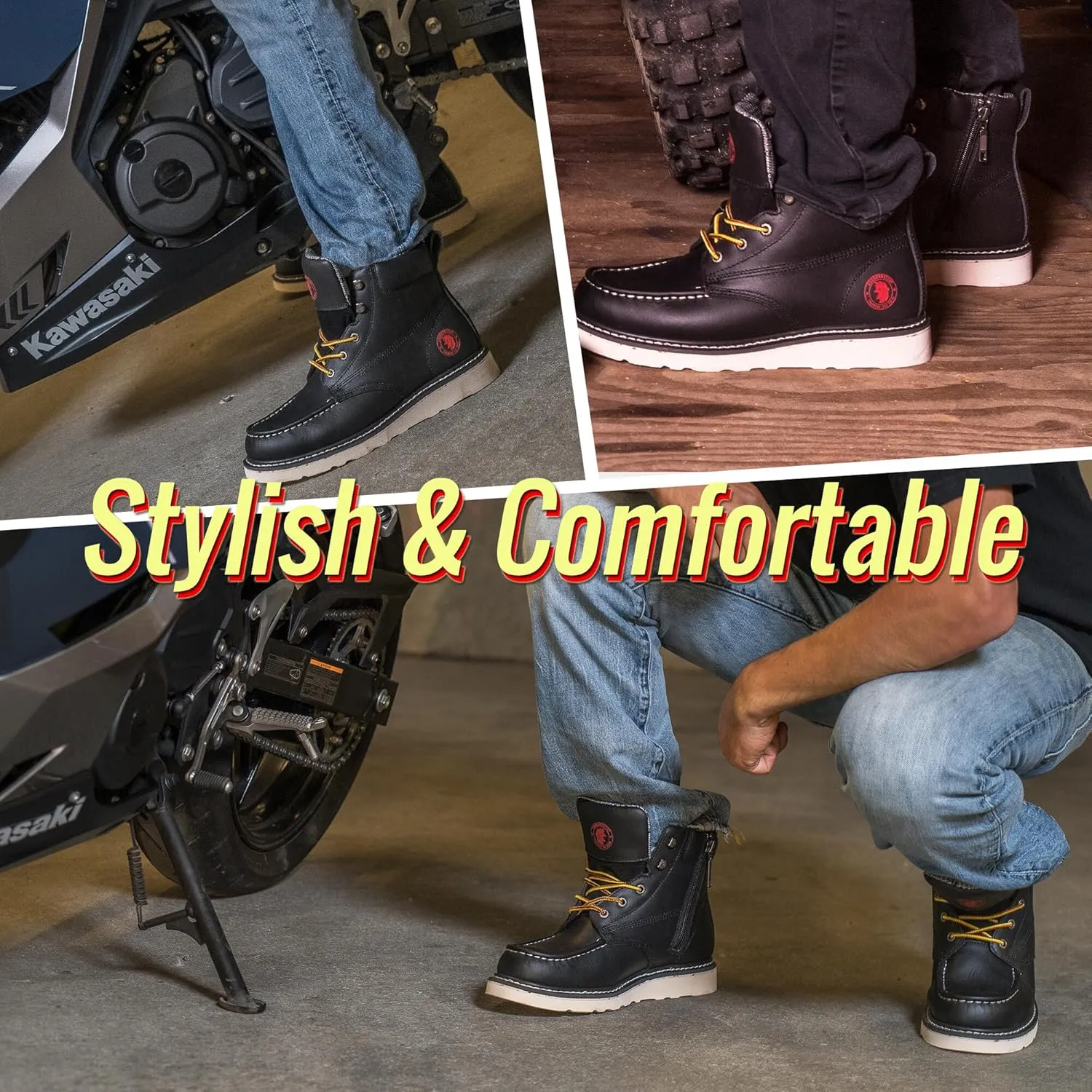 ROCKROOSTER Magnolia 6" Side-Zipper Wedge Boots for Men, Lightweight Soft Moc Toe Motorcycle Boots SAP309-Brown, SAP309BK-Black, SAP310-Black