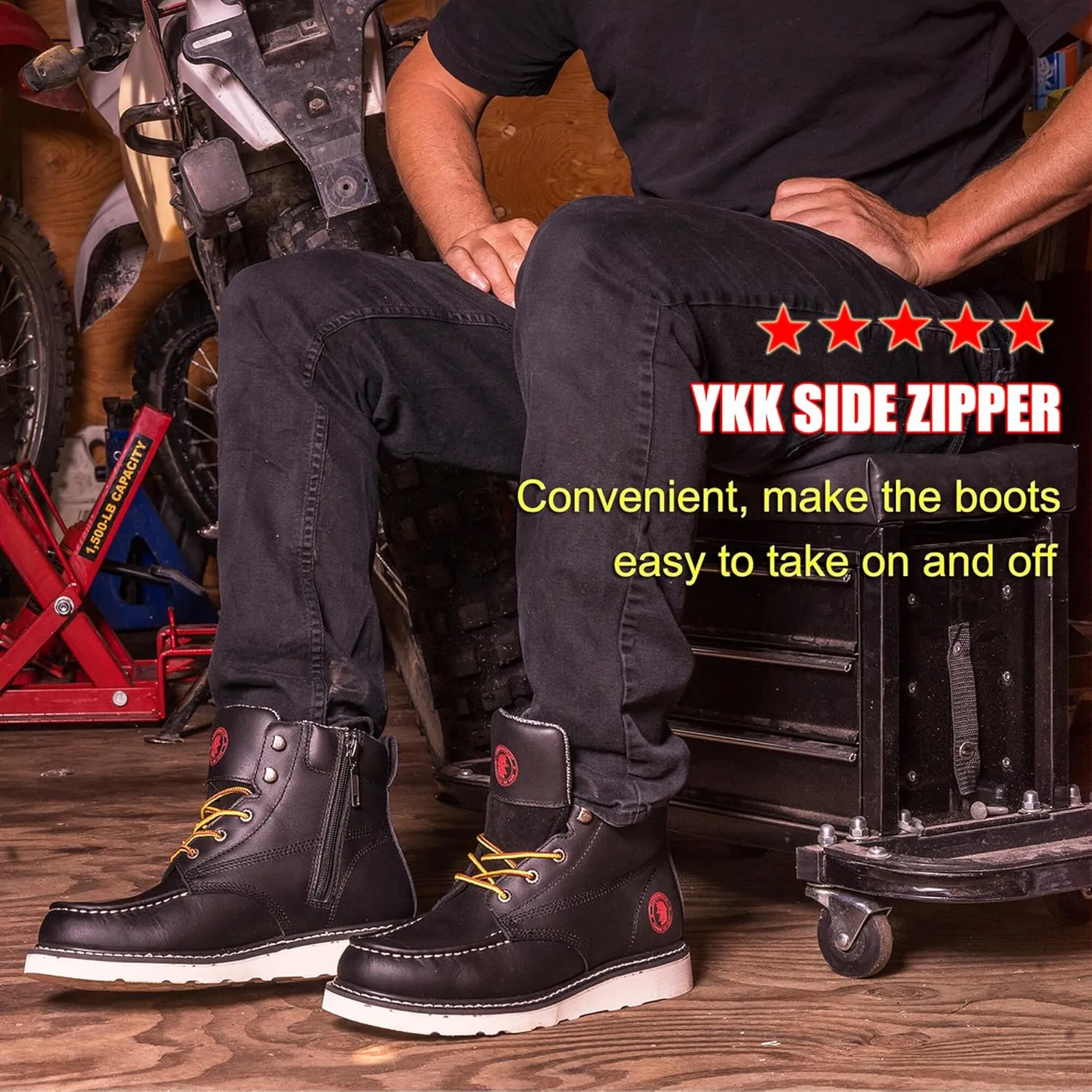 ROCKROOSTER Magnolia 6" Side-Zipper Wedge Boots for Men, Lightweight Soft Moc Toe Motorcycle Boots SAP309-Brown, SAP309BK-Black, SAP310-Black