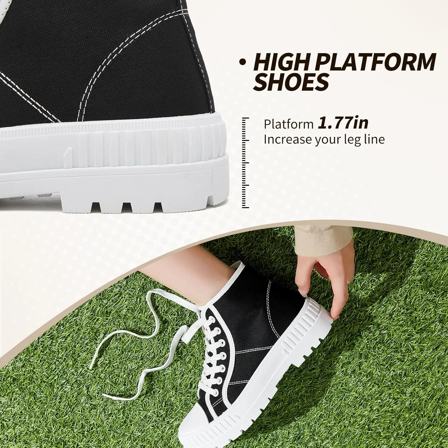 Rominz Women's White Platform Sneakers Fashion High Top Canvas Shoes for Women Black Lace-Up Canvas Sneakers Casual Platform Tennis Shoes