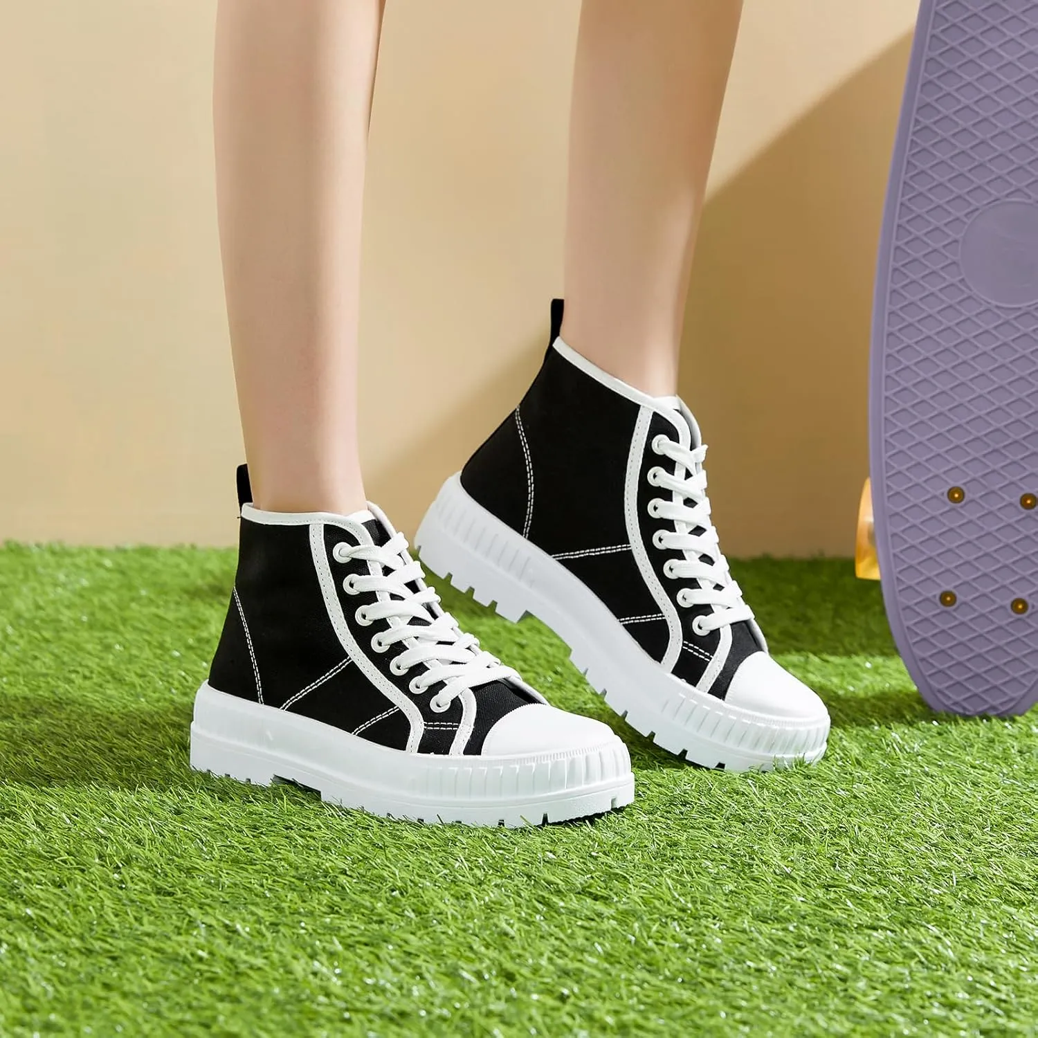 Rominz Women's White Platform Sneakers Fashion High Top Canvas Shoes for Women Black Lace-Up Canvas Sneakers Casual Platform Tennis Shoes