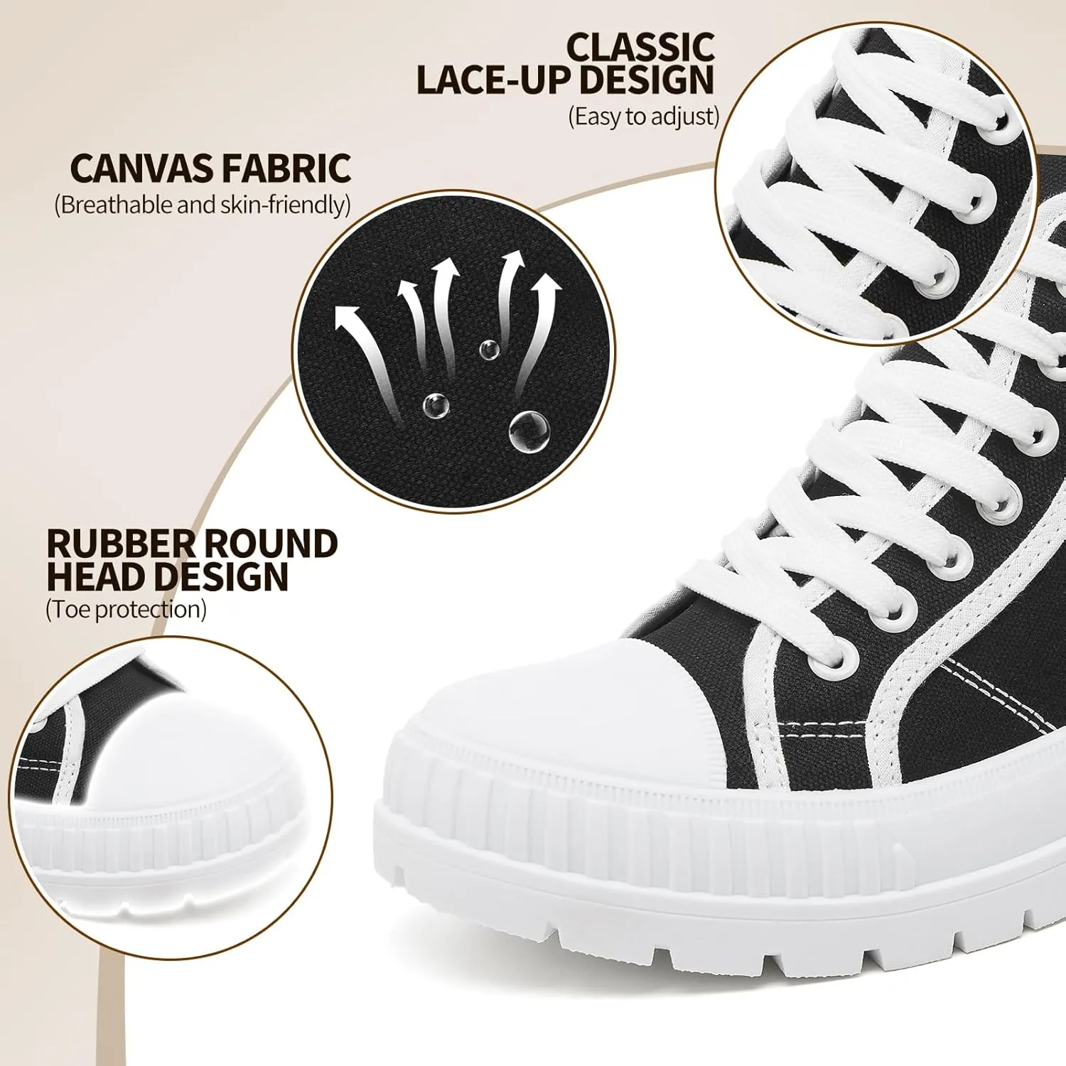 Rominz Women's White Platform Sneakers Fashion High Top Canvas Shoes for Women Black Lace-Up Canvas Sneakers Casual Platform Tennis Shoes