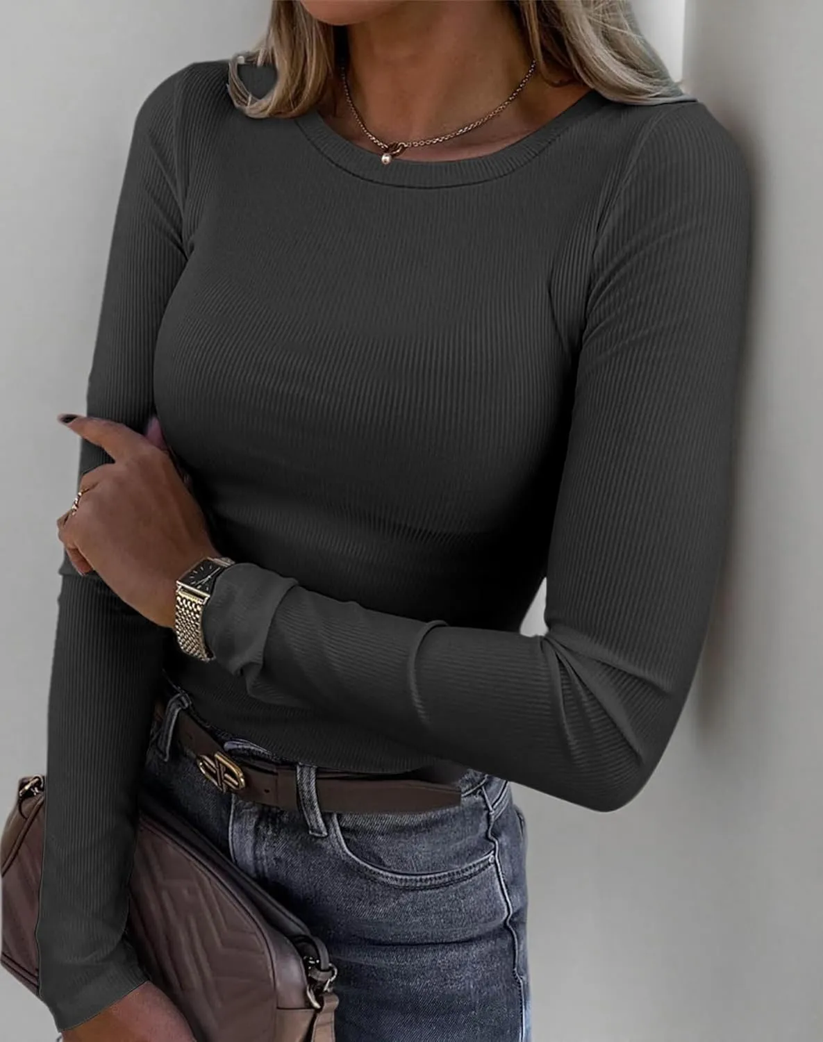 Roselux Womens Long Sleeve Stretch Crewneck Ribbed T-Shirt Fitted Casual Basic Tops