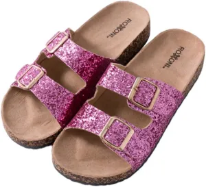 Roxoni Women's Party Gliters Comfort Flat Sandals Double Buckle Adjustable Straps Flat Slides Footbed Suede