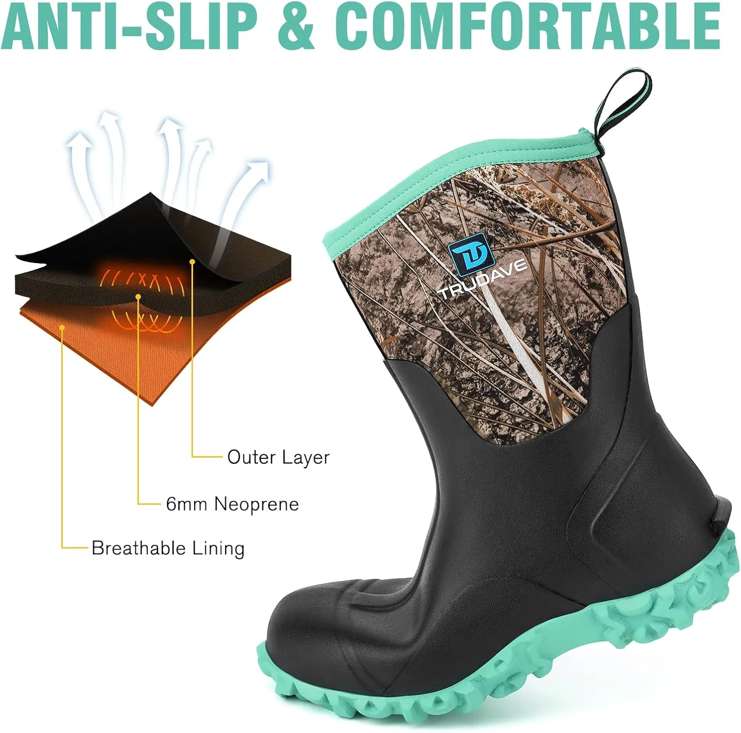 Rubber Boots for Women with Steel Shank, 6mm Neoprene Mid Calf Rain Boots, Waterproof Insulated Mud Work Boots All Season, Size 5-11