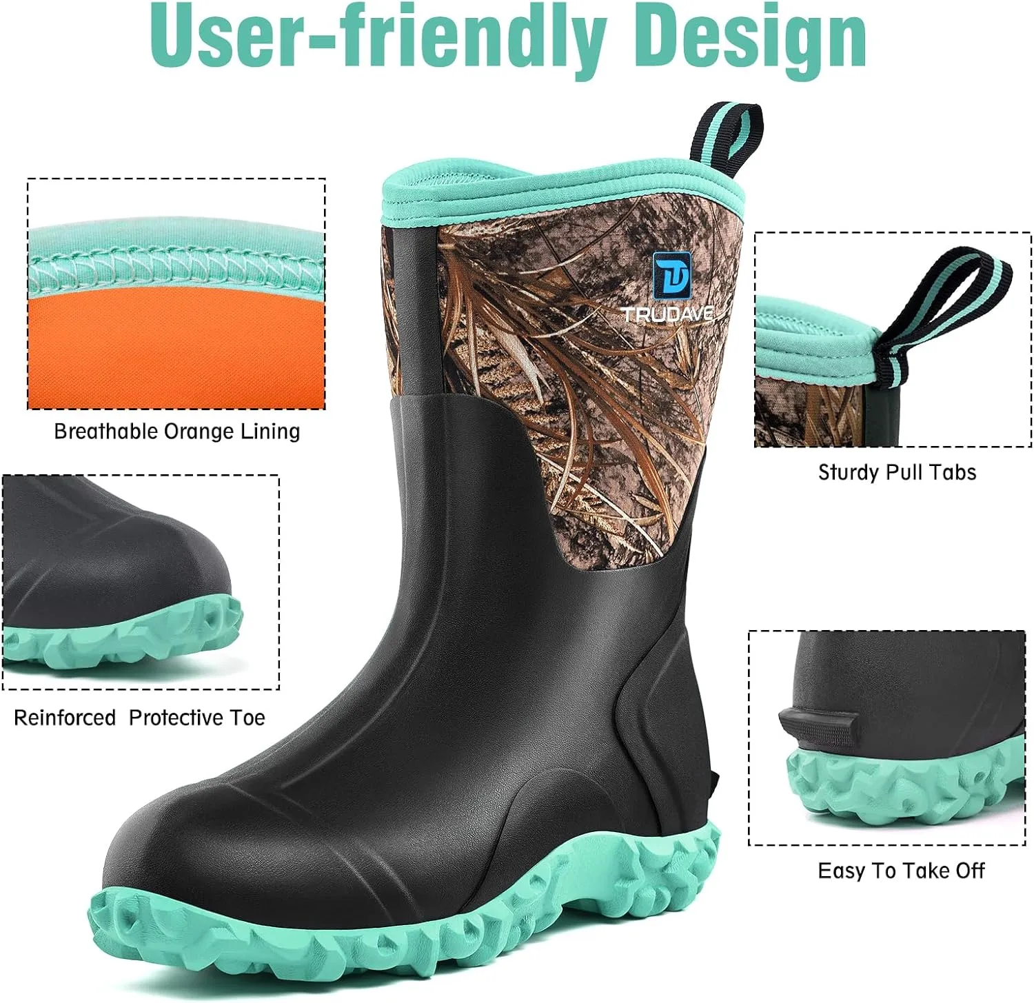 Rubber Boots for Women with Steel Shank, 6mm Neoprene Mid Calf Rain Boots, Waterproof Insulated Mud Work Boots All Season, Size 5-11