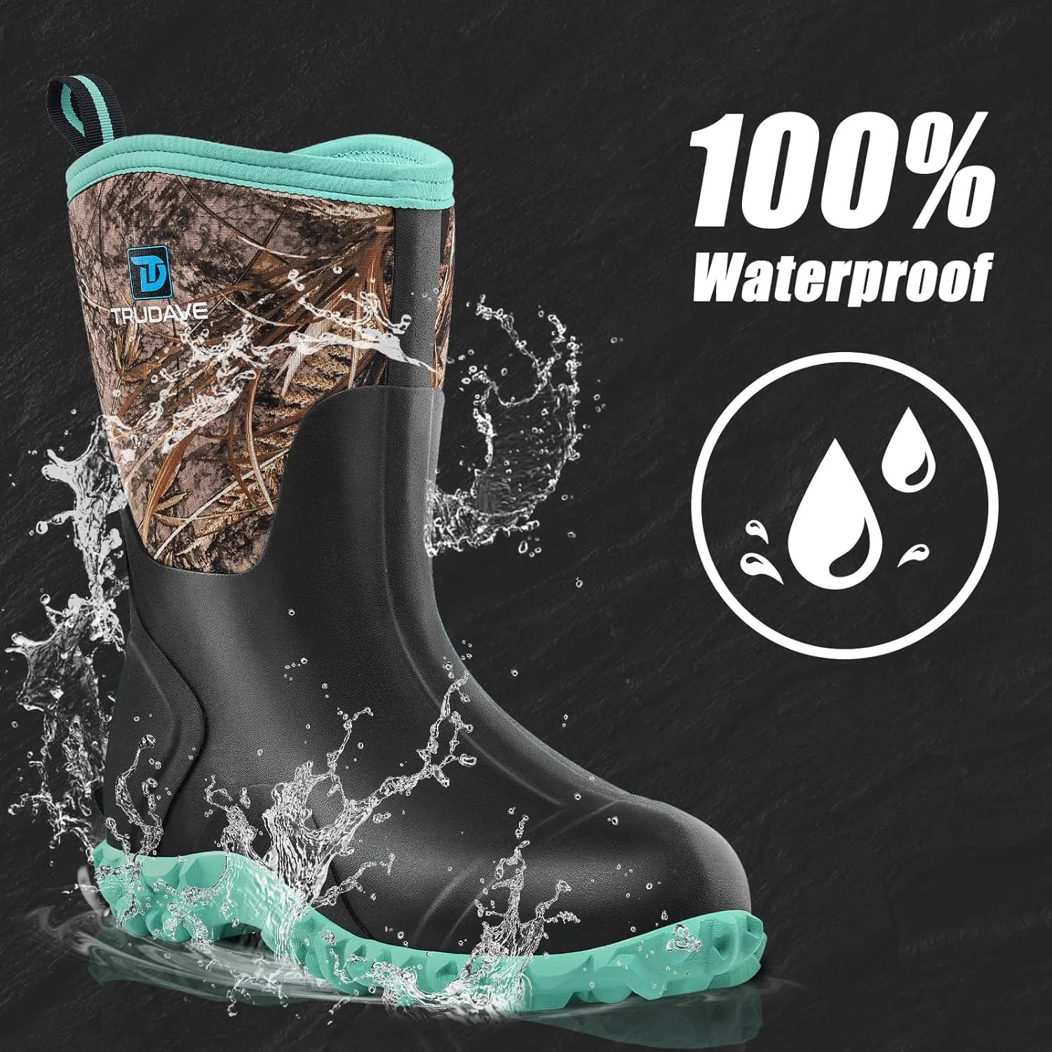 Rubber Boots for Women with Steel Shank, 6mm Neoprene Mid Calf Rain Boots, Waterproof Insulated Mud Work Boots All Season, Size 5-11