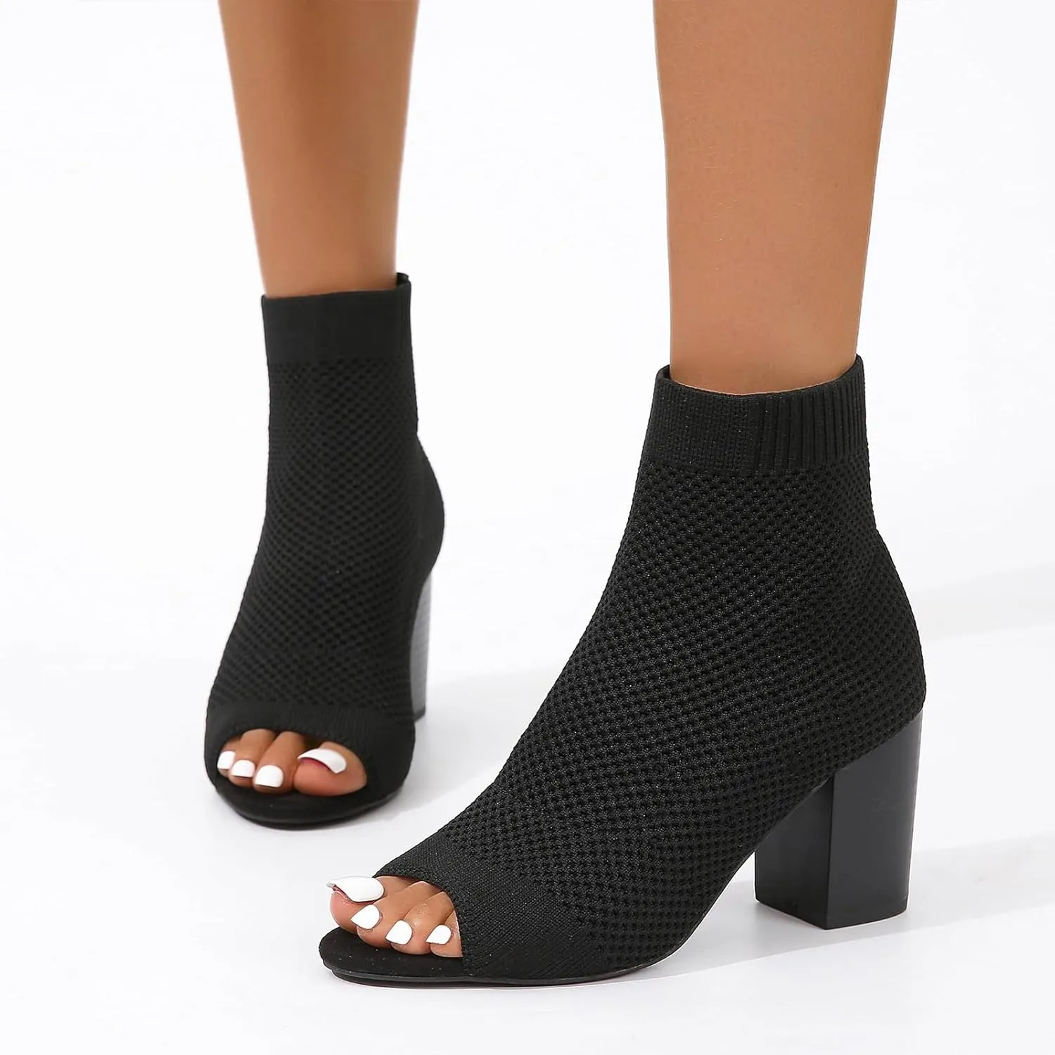 SACFOF Peep Toe Booties for Women Knit Pointed Toe Chunky Block Heels Breathable Sandals Summer Casual Slip On Dress Sock Booties US5-11