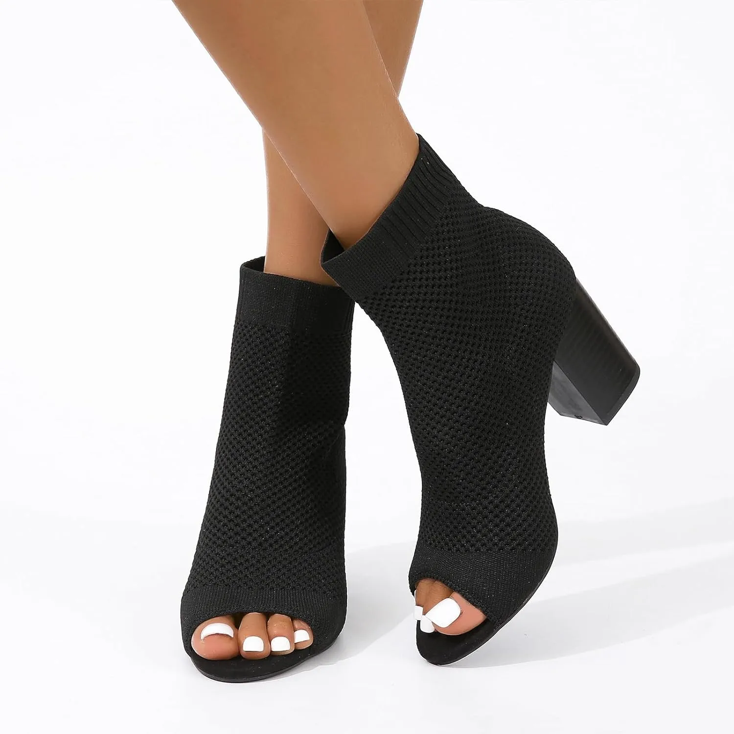 SACFOF Peep Toe Booties for Women Knit Pointed Toe Chunky Block Heels Breathable Sandals Summer Casual Slip On Dress Sock Booties US5-11