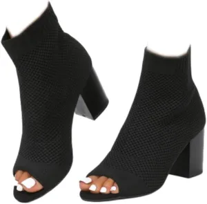 SACFOF Peep Toe Booties for Women Knit Pointed Toe Chunky Block Heels Breathable Sandals Summer Casual Slip On Dress Sock Booties US5-11
