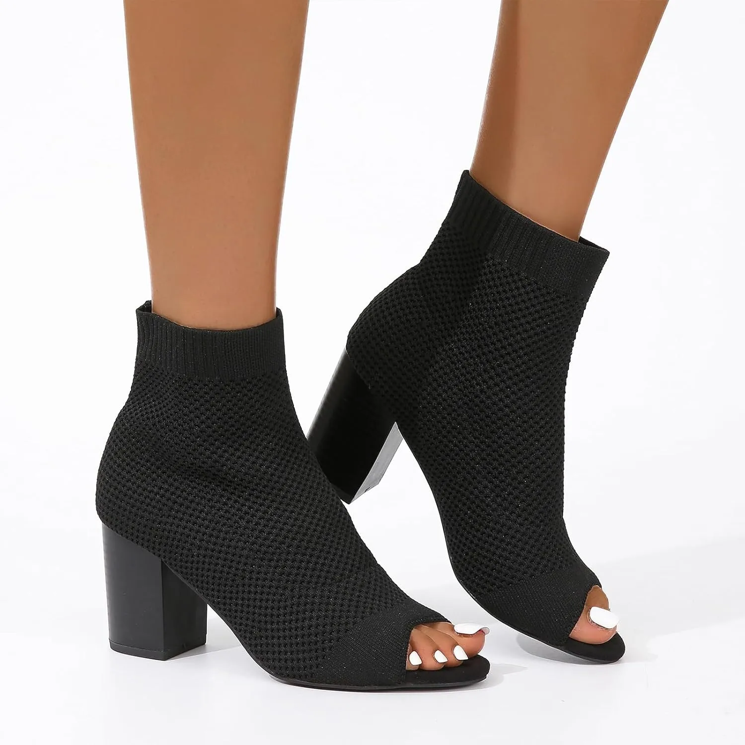 SACFOF Peep Toe Booties for Women Knit Pointed Toe Chunky Block Heels Breathable Sandals Summer Casual Slip On Dress Sock Booties US5-11