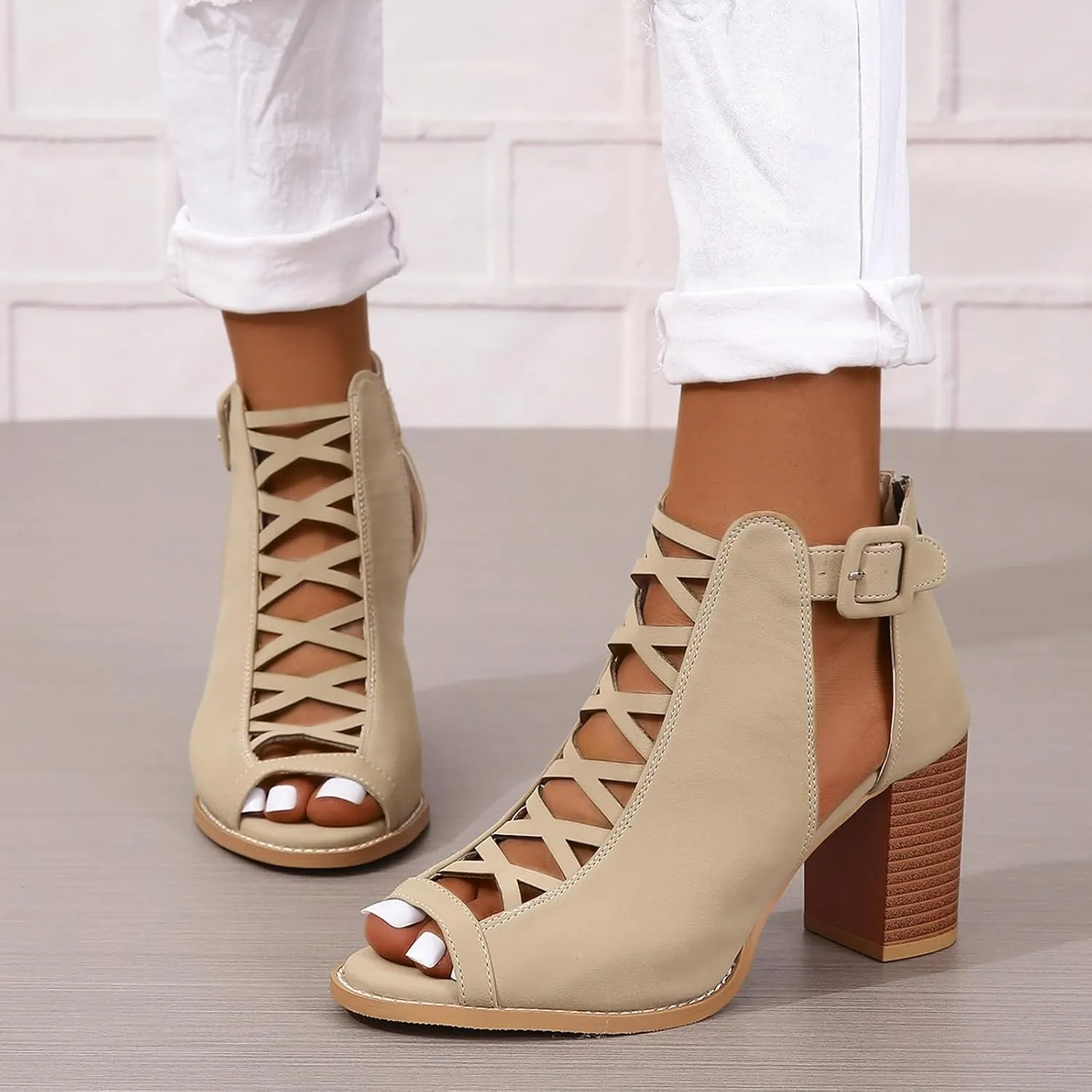SACFOF Women Open Toe Crisscross High Heel Sandals Faux Suede Cutout Sandal with Adjustable Ankle Strap and Back Zipper