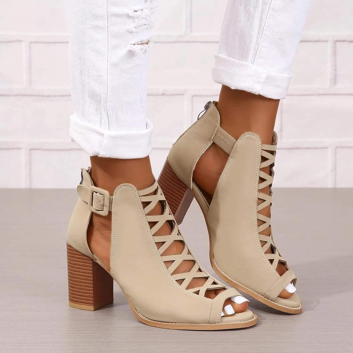 SACFOF Women Open Toe Crisscross High Heel Sandals Faux Suede Cutout Sandal with Adjustable Ankle Strap and Back Zipper