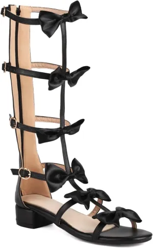SACFOF Womens Knee High Gladiator Dressy Sandals Bow Open Toe Summer Buckle Roman Flat Boots Back Zipper Low Heel Sandals