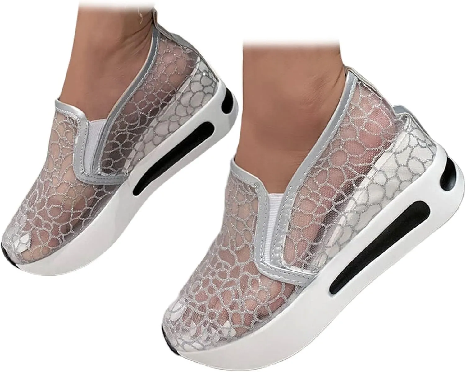 SACFOF Women's Platform Wedge Sneakers Floral Embroidery Breathable Mesh Summer Platform Shoes Hidden Walking Loafers