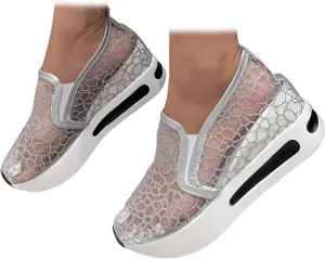 SACFOF Women's Platform Wedge Sneakers Floral Embroidery Breathable Mesh Summer Platform Shoes Hidden Walking Loafers