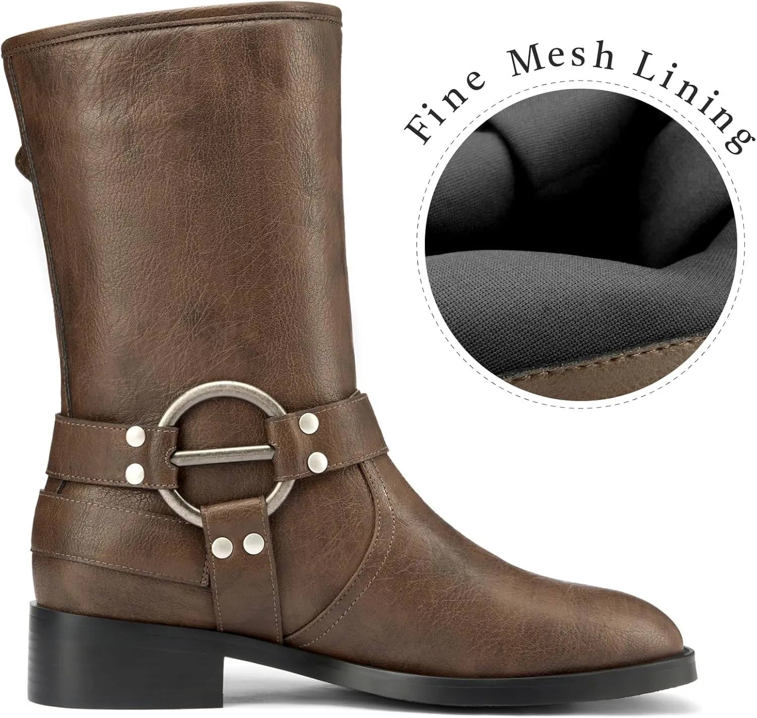 Saekcted Womens Chunky Block Low Heel Mid Calf Boots Riding Boots Slip-on Buckle Party Basic Classic Motorcycle Boots Buckle Biker Boots