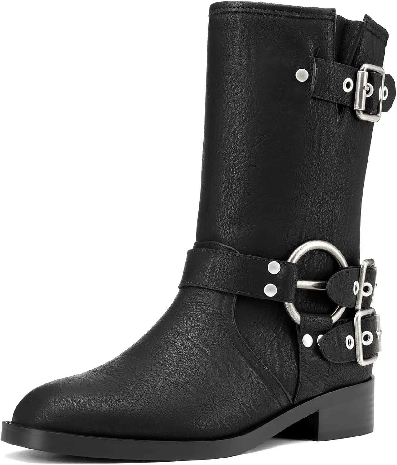 Saekcted Womens Chunky Block Low Heel Mid Calf Boots Riding Boots Slip-on Buckle Party Basic Classic Motorcycle Boots Buckle Biker Boots