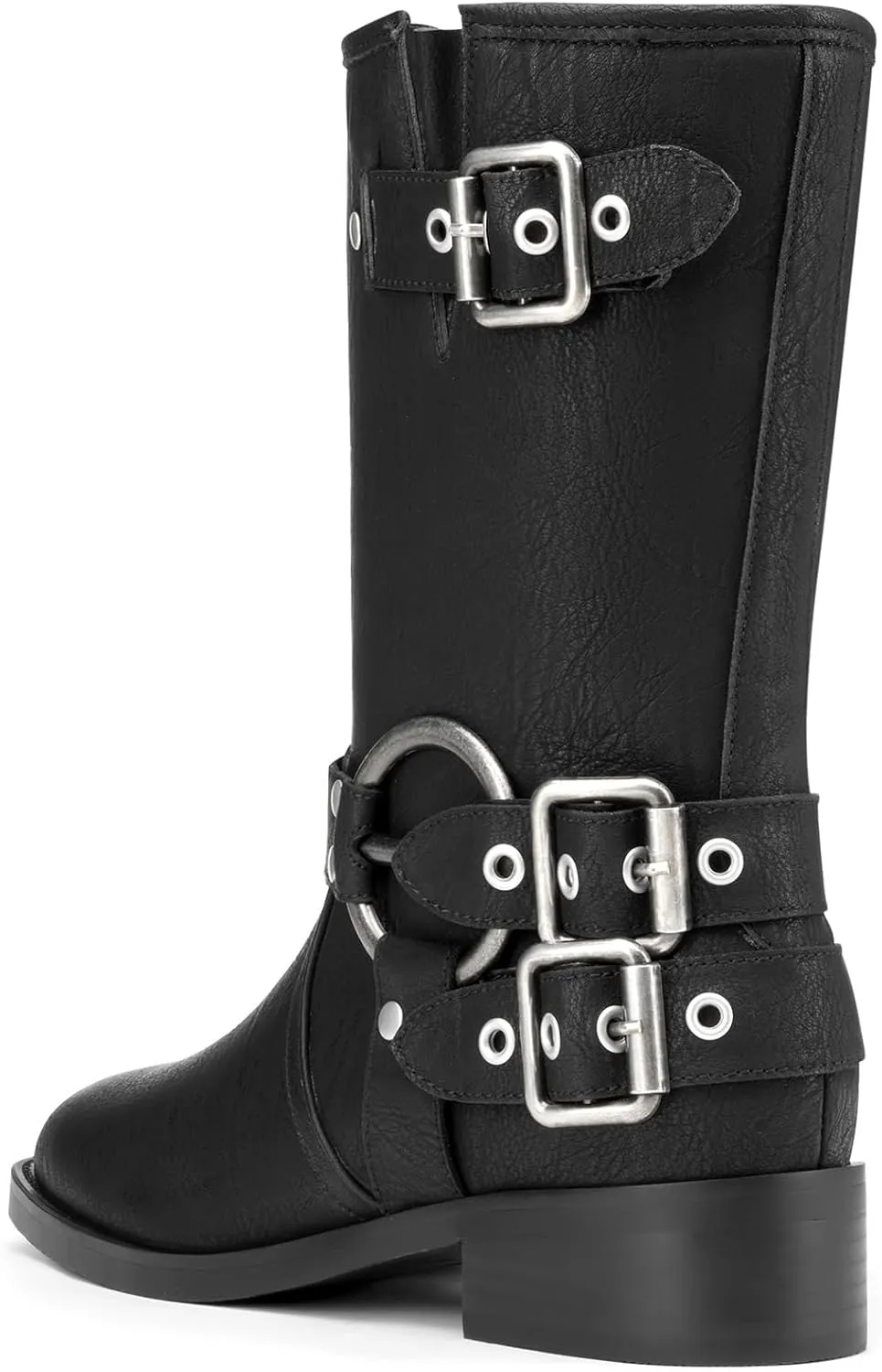 Saekcted Womens Chunky Block Low Heel Mid Calf Boots Riding Boots Slip-on Buckle Party Basic Classic Motorcycle Boots Buckle Biker Boots
