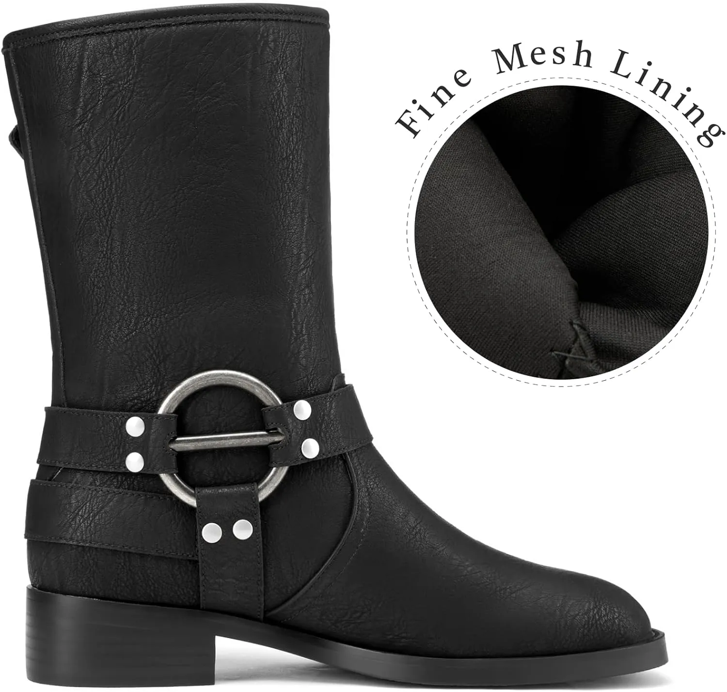 Saekcted Womens Chunky Block Low Heel Mid Calf Boots Riding Boots Slip-on Buckle Party Basic Classic Motorcycle Boots Buckle Biker Boots