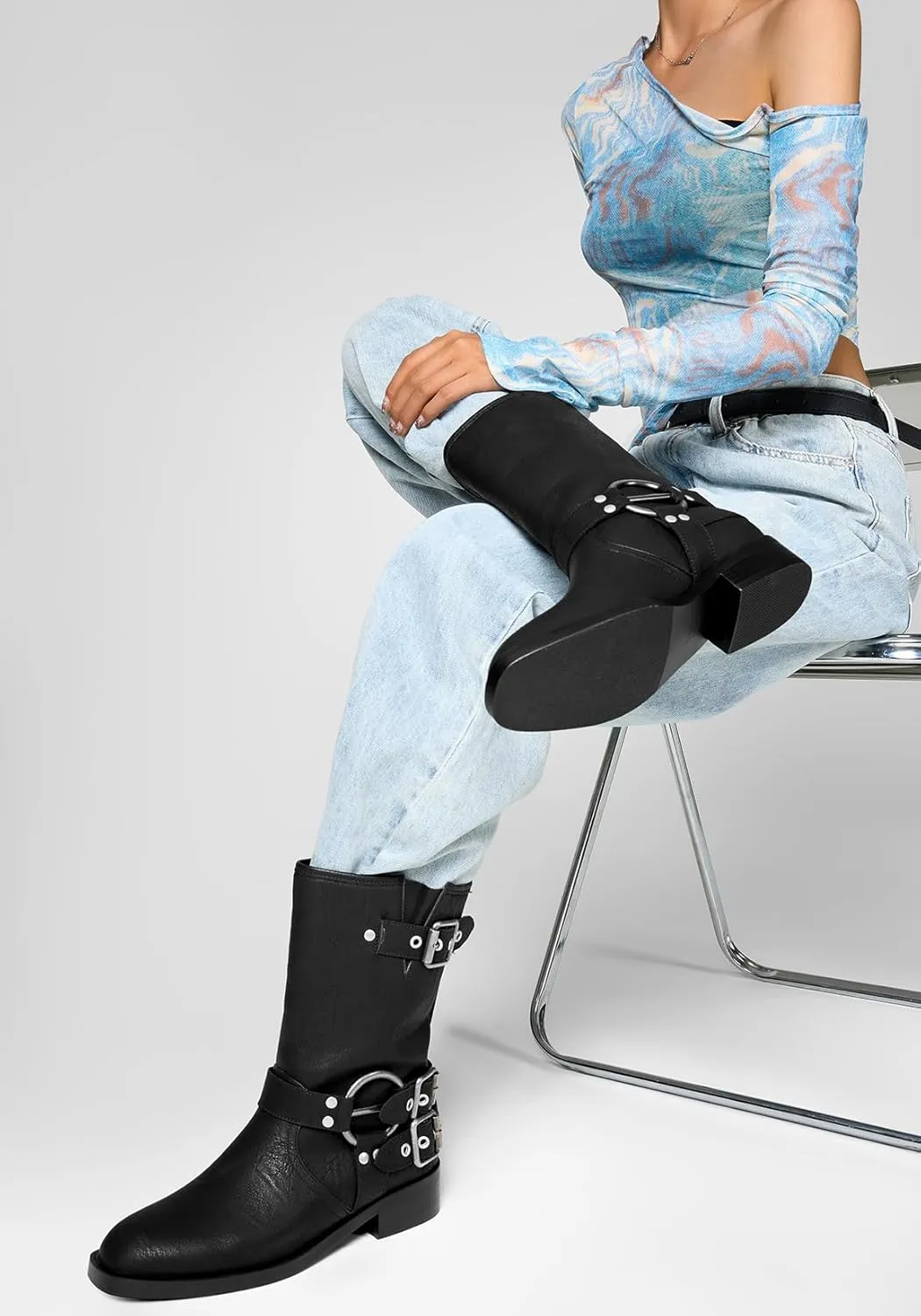 Saekcted Womens Chunky Block Low Heel Mid Calf Boots Riding Boots Slip-on Buckle Party Basic Classic Motorcycle Boots Buckle Biker Boots