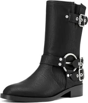 Saekcted Womens Chunky Block Low Heel Mid Calf Boots Riding Boots Slip-on Buckle Party Basic Classic Motorcycle Boots Buckle Biker Boots