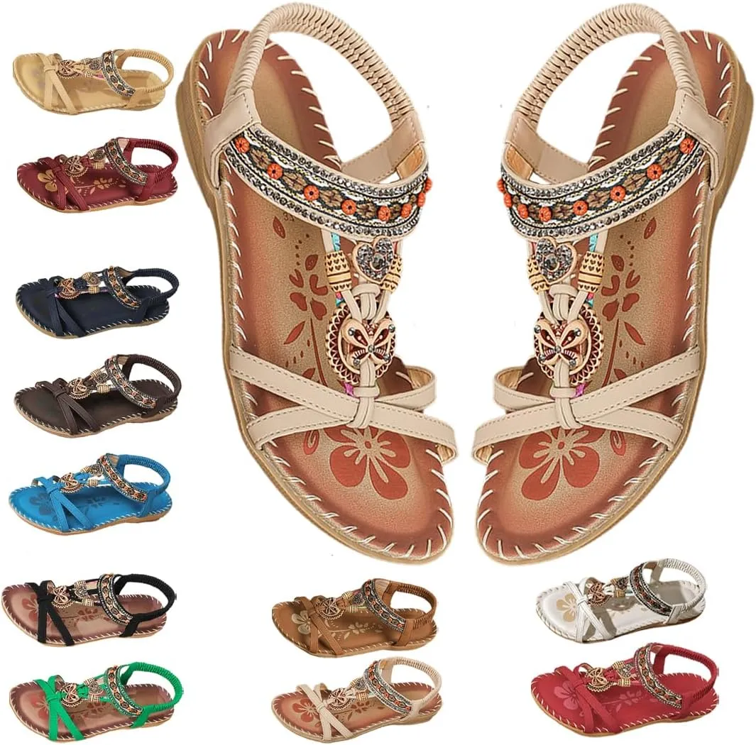 Sandals for Women Flats Shoes with Cushion Footbed Comfortable Casual Flats Sandals Summer Bohemia Flip Flops