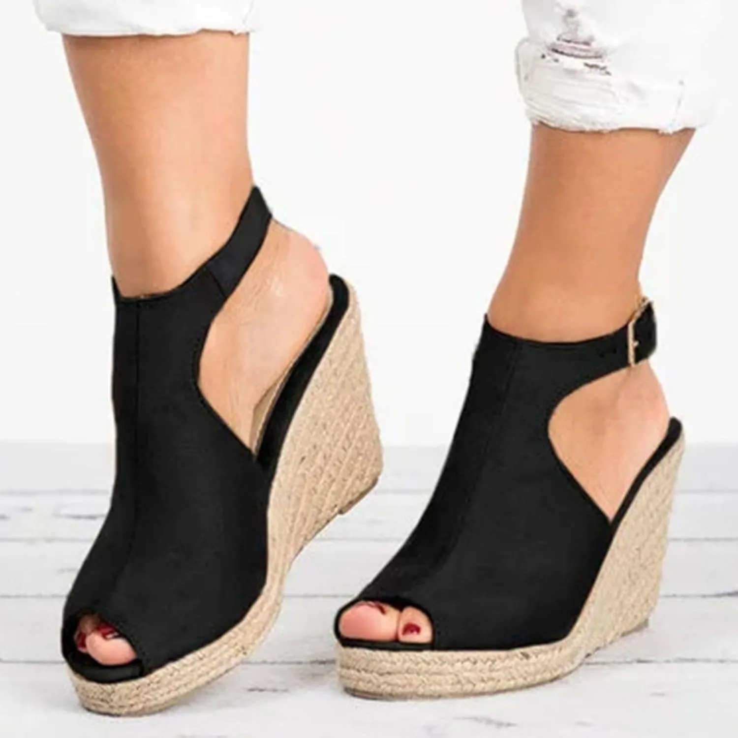 Sandals Women Dressy Open Toe Platform Wedge Sandals Summer Ankle Strap Buckle Low Heels Casual Espadrille Sandal Outdoor Shoes