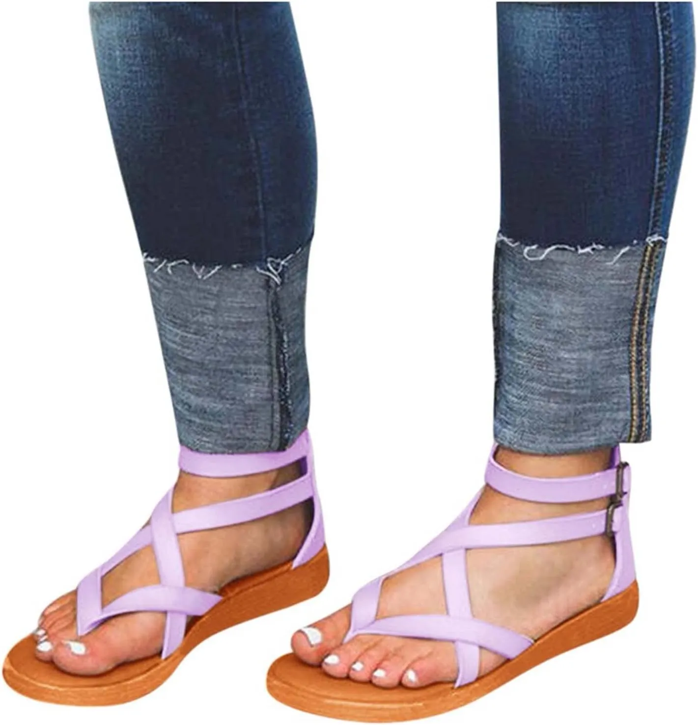 Sandals Women Gladiator Flat Strappy Sandal Dressy Summer Thong Cross Straps Zipper Open Toe Flip Flops Boho Comfortable Ladies Casual Beach Shoes
