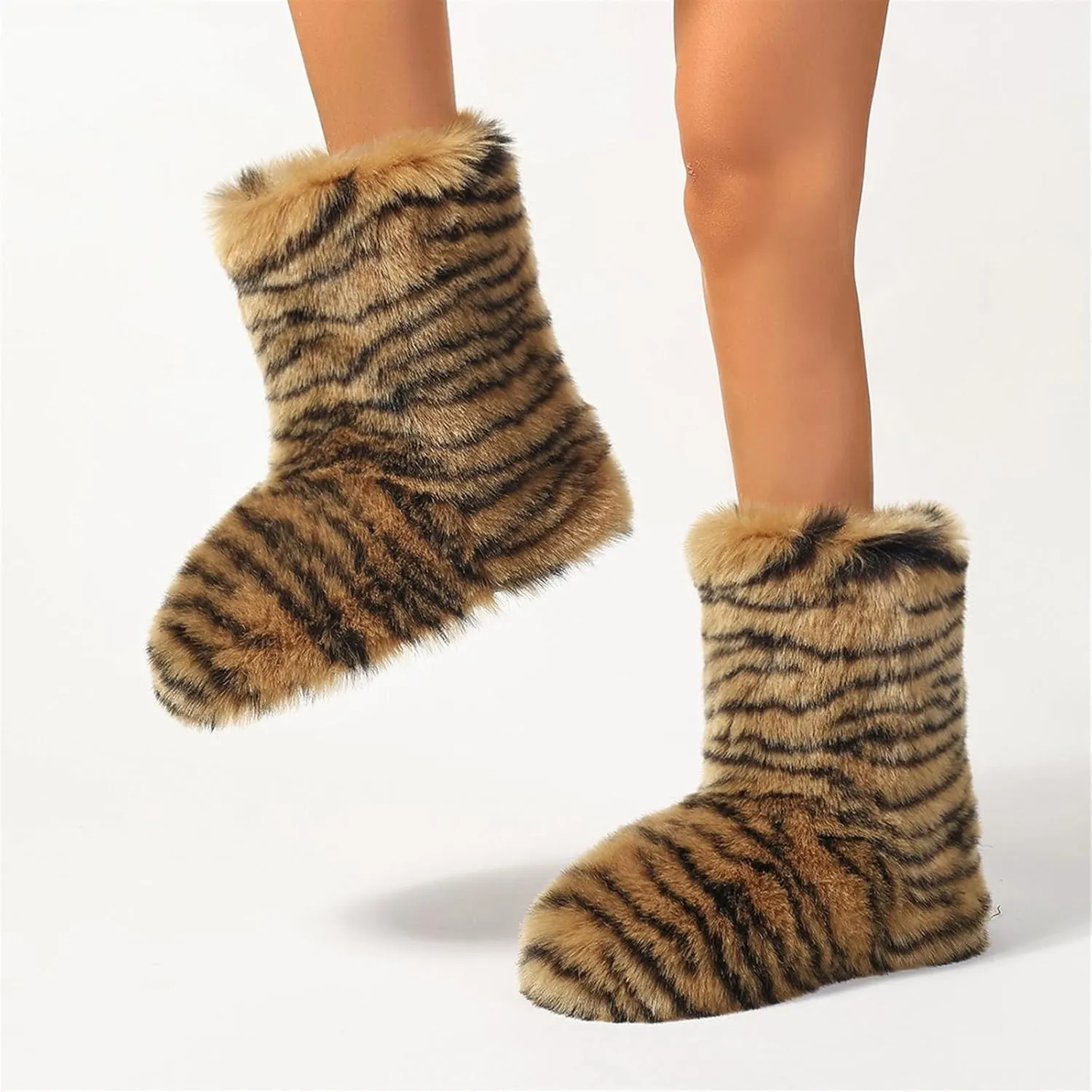 Sangeuhhlk Women Winter Snow Booties, Leopard Pattern Fuzzy Fluffy Faux Fur Boots, Y2k Puffy Mid-Calf Boots for Outdoor