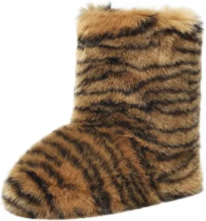 Sangeuhhlk Women Winter Snow Booties, Leopard Pattern Fuzzy Fluffy Faux Fur Boots, Y2k Puffy Mid-Calf Boots for Outdoor