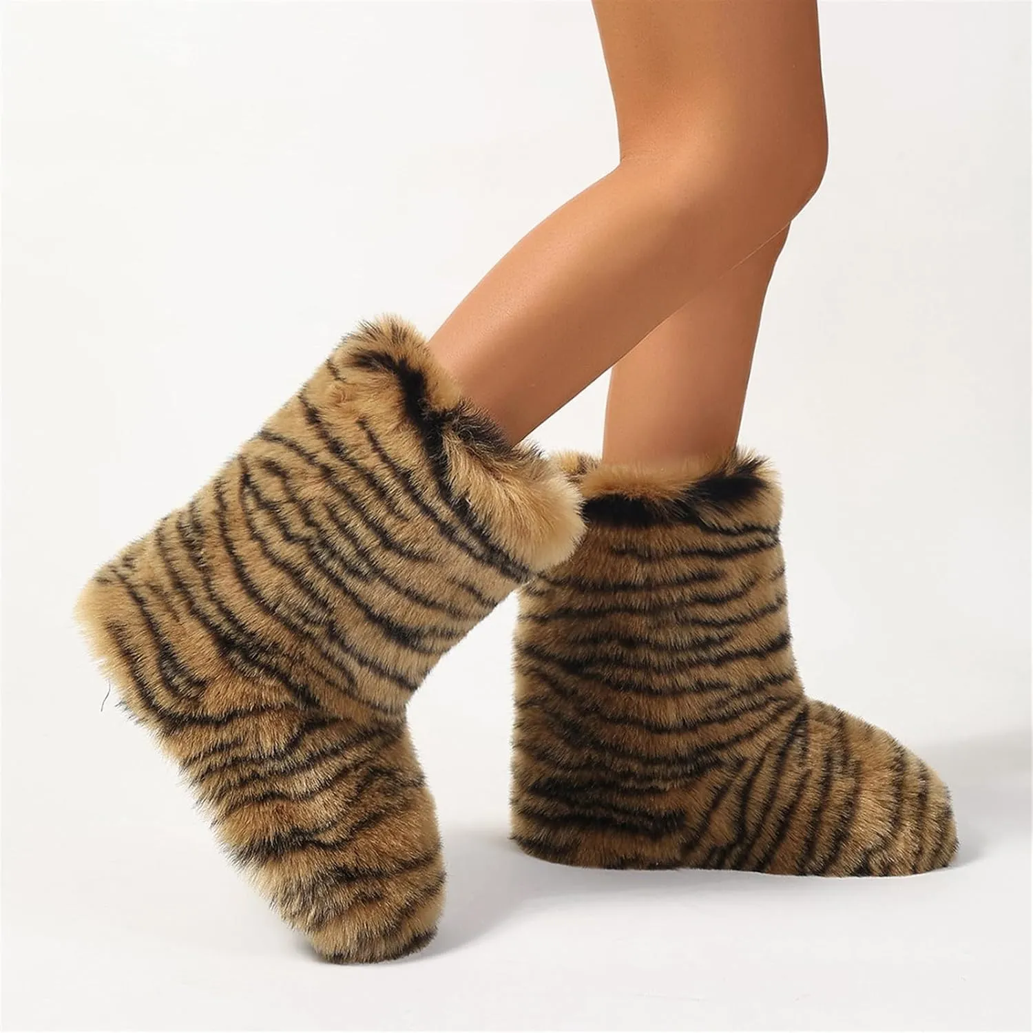 Sangeuhhlk Women Winter Snow Booties, Leopard Pattern Fuzzy Fluffy Faux Fur Boots, Y2k Puffy Mid-Calf Boots for Outdoor