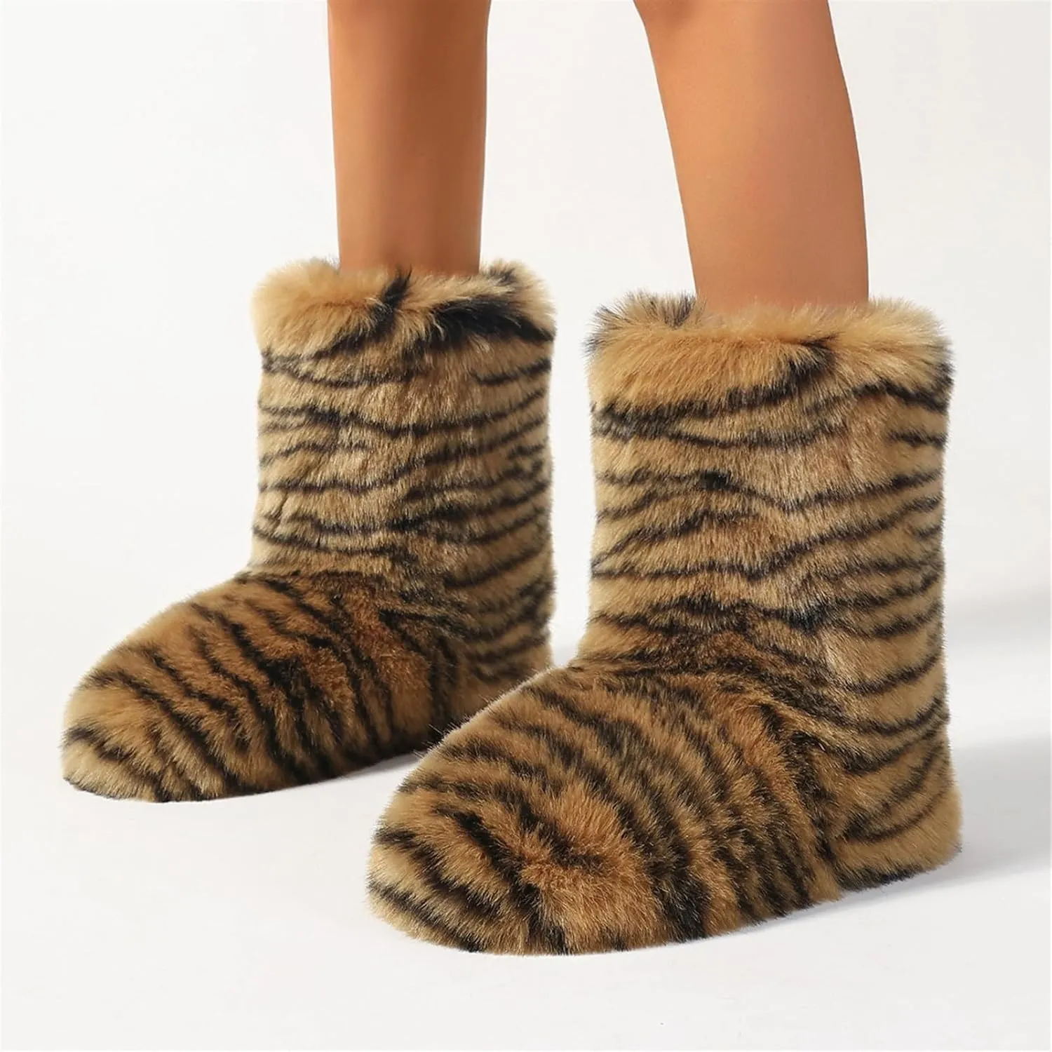 Sangeuhhlk Women Winter Snow Booties, Leopard Pattern Fuzzy Fluffy Faux Fur Boots, Y2k Puffy Mid-Calf Boots for Outdoor