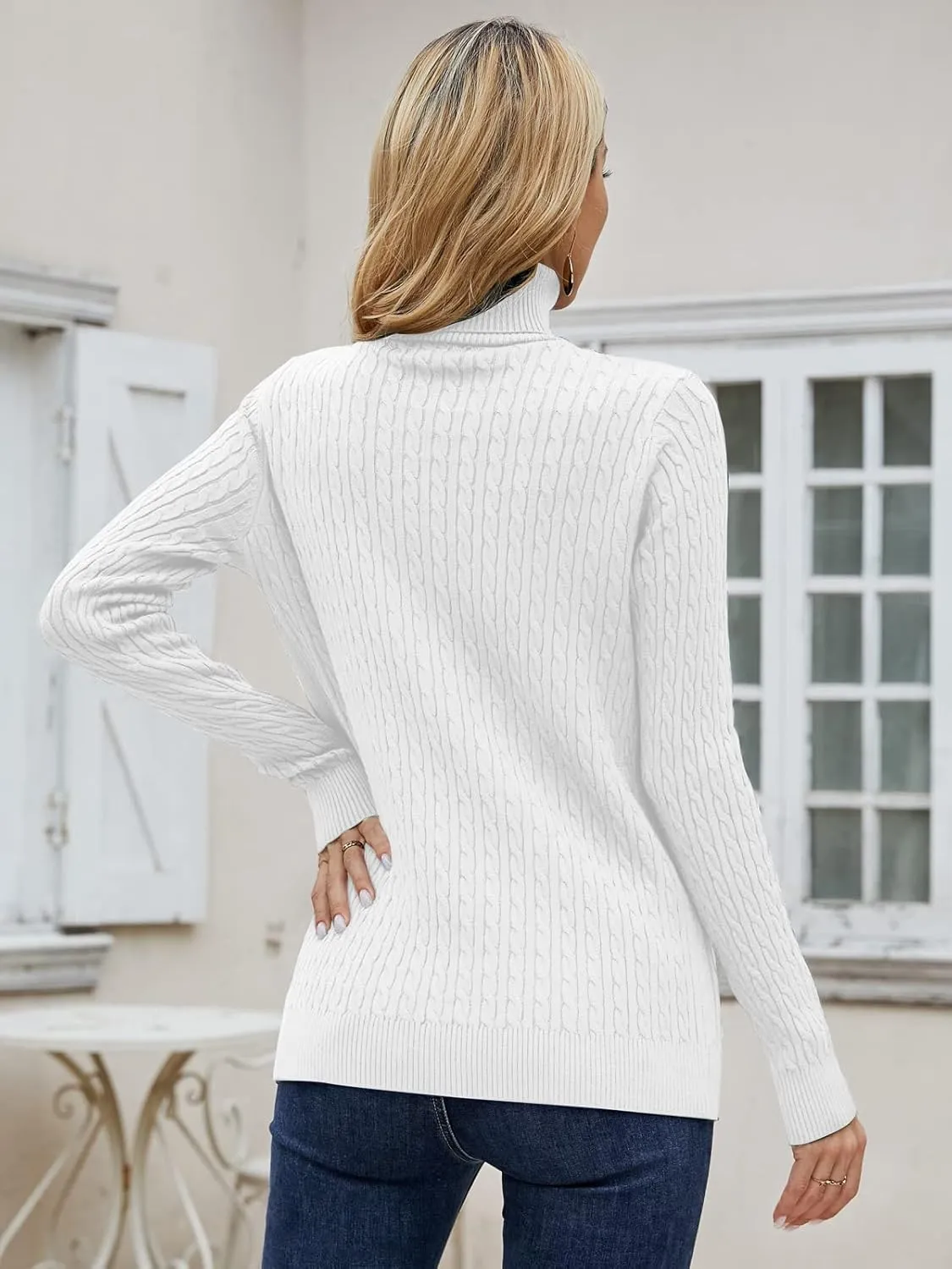 SANGTREE Women's Cable Knit Turtleneck Long Sleeves Lightweight Pullover Sweater