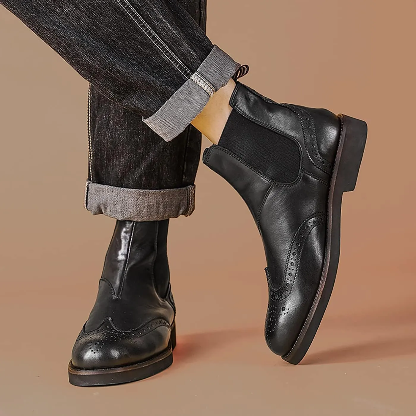 Santimon Brogues Wingtip Chelsea Boots Men Casual Dress Formal Leather Cowboy Boots Fashion Prom Business Wedding Western Ankle Boots for Mens Boys