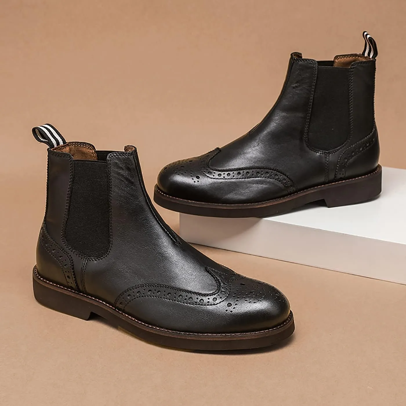 Santimon Brogues Wingtip Chelsea Boots Men Casual Dress Formal Leather Cowboy Boots Fashion Prom Business Wedding Western Ankle Boots for Mens Boys