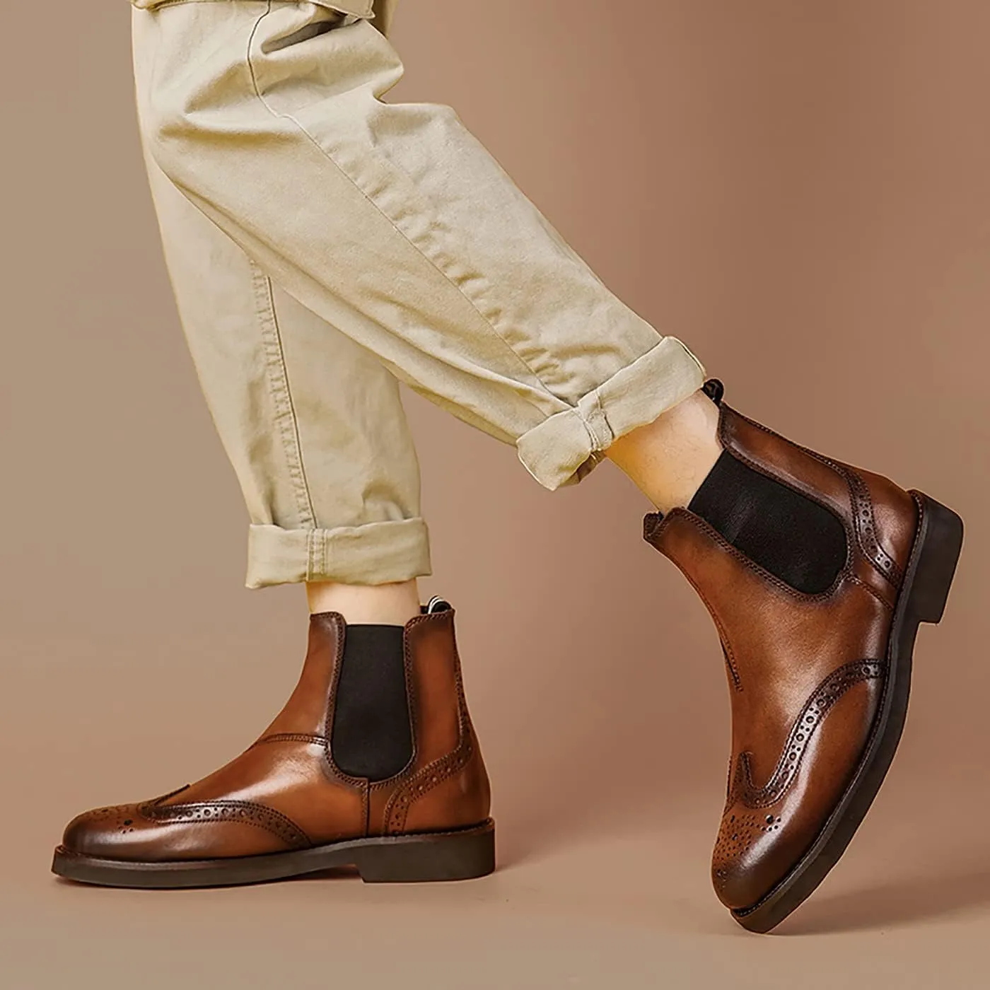 Santimon Brogues Wingtip Chelsea Boots Men Casual Dress Formal Leather Cowboy Boots Fashion Prom Business Wedding Western Ankle Boots for Mens Boys