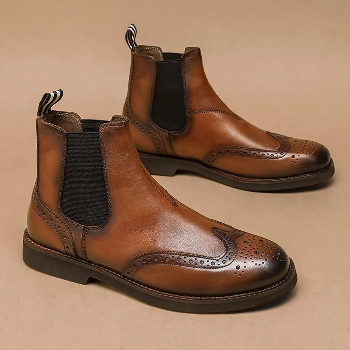 Santimon Brogues Wingtip Chelsea Boots Men Casual Dress Formal Leather Cowboy Boots Fashion Prom Business Wedding Western Ankle Boots for Mens Boys
