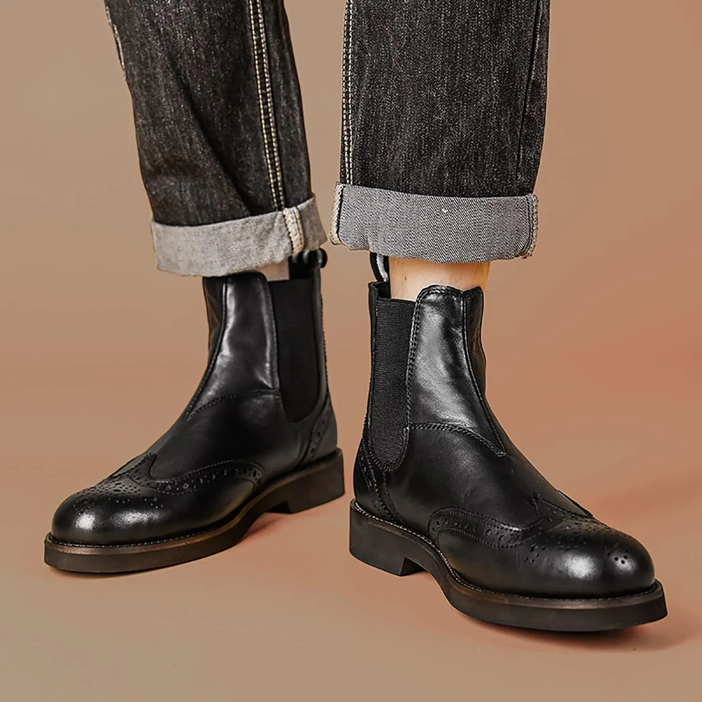 Santimon Brogues Wingtip Chelsea Boots Men Casual Dress Formal Leather Cowboy Boots Fashion Prom Business Wedding Western Ankle Boots for Mens Boys