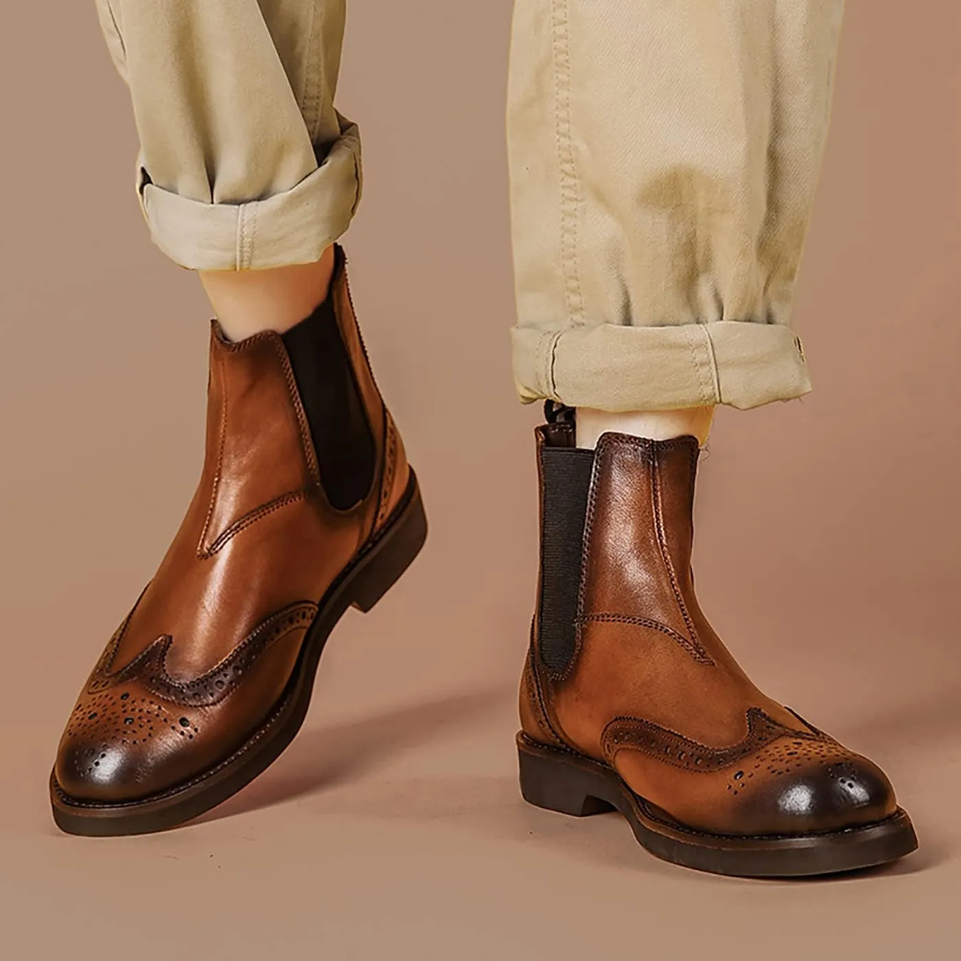 Santimon Brogues Wingtip Chelsea Boots Men Casual Dress Formal Leather Cowboy Boots Fashion Prom Business Wedding Western Ankle Boots for Mens Boys