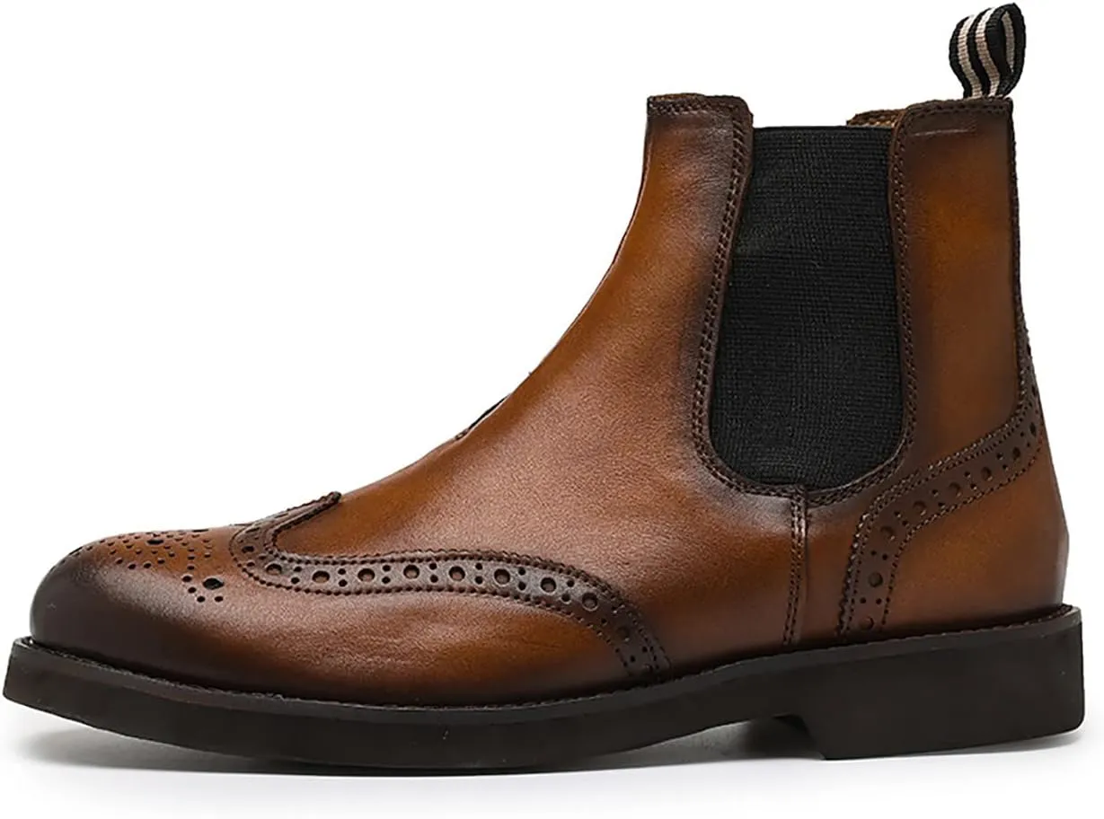 Santimon Brogues Wingtip Chelsea Boots Men Casual Dress Formal Leather Cowboy Boots Fashion Prom Business Wedding Western Ankle Boots for Mens Boys